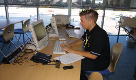 Abi @ work in the Press Office of the Ferrari Racing Days at the N&uuml;rburgring 2002
